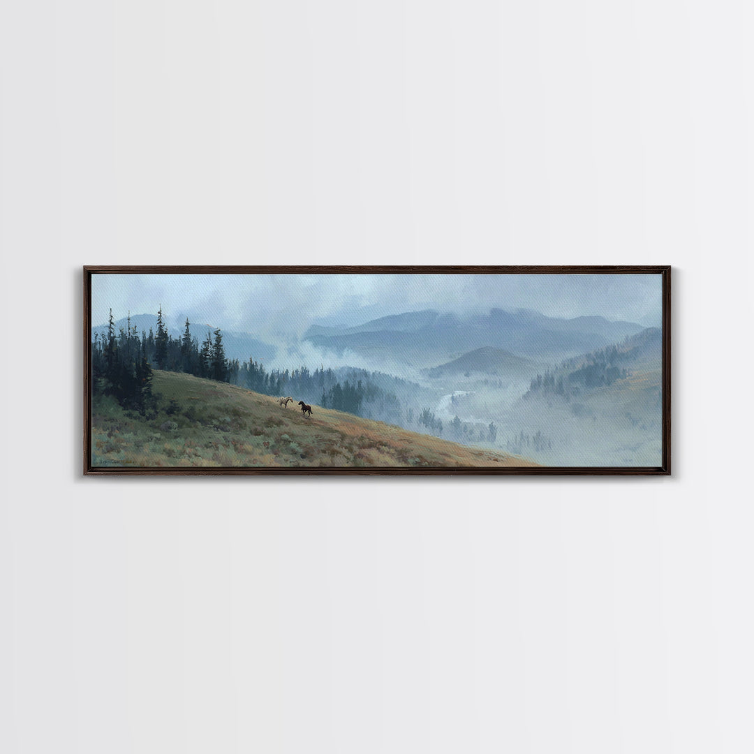 Wild Horses Running Near Mountain Ridge Canvas Print, Nature Art, Gallery Decor, Living Room Decor, Fine Art, Nature, NAT-3x1-62