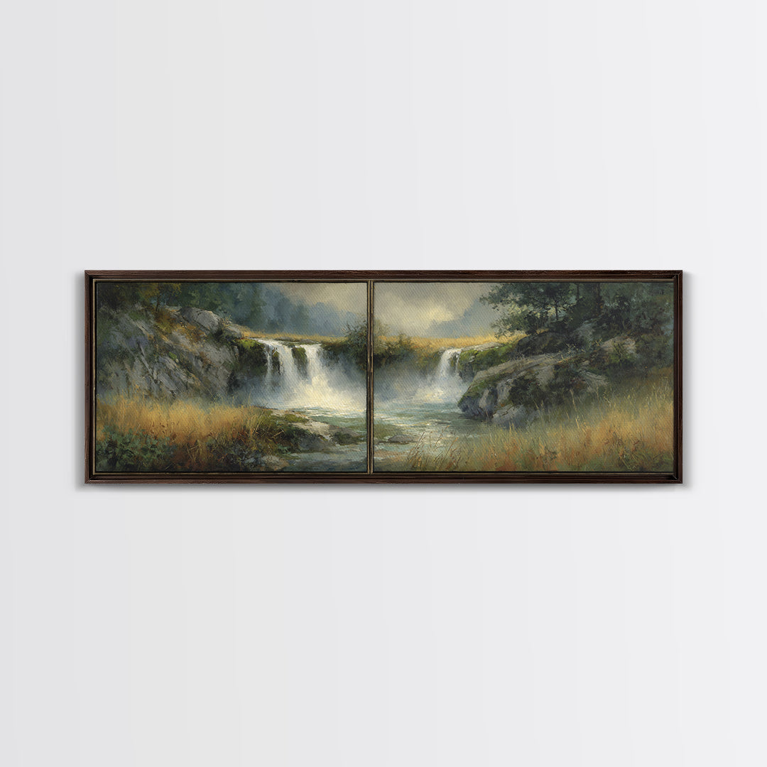 Waterfall Hidden Among Dark Green Rocks Framed Canvas Print, Nature Art, Wall Hangings, Living Room Decor, Abstract Art, Nature, NAT-3x1-67