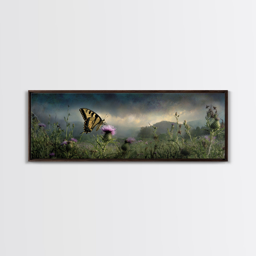 Butterfly Resting on a Blooming Thistle Framed Canvas Print, Nature Art, Living Room Decor, Watercolor Art, Nature, NAT-3x1-68
