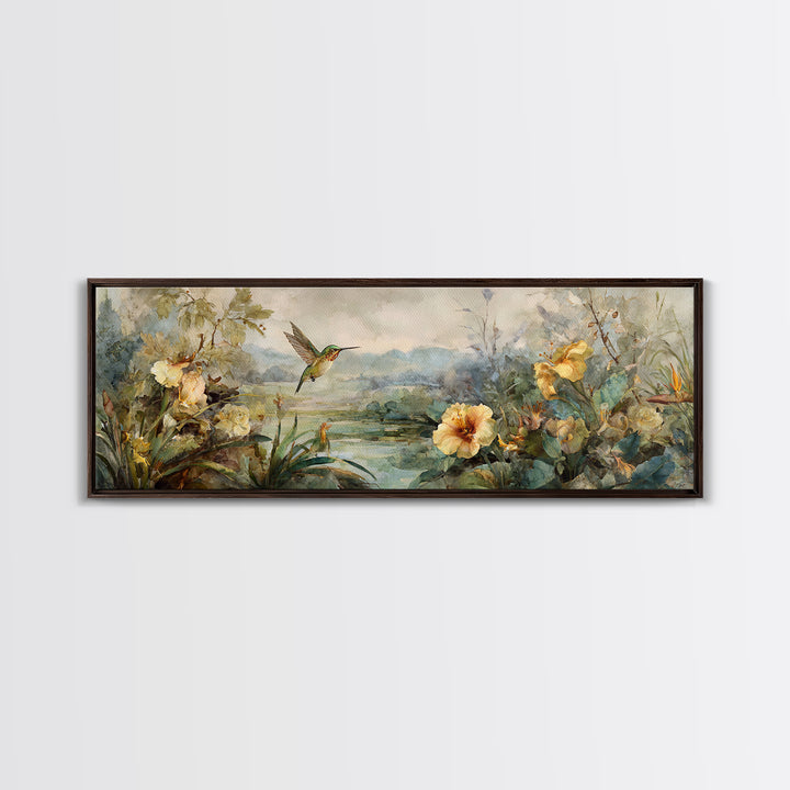 Hummingbird Beside Bright Trumpet Flowers Canvas Print, Nature Art, Home Decor, Living Room Decor, Oil Painting, Nature, NAT-3x1-76