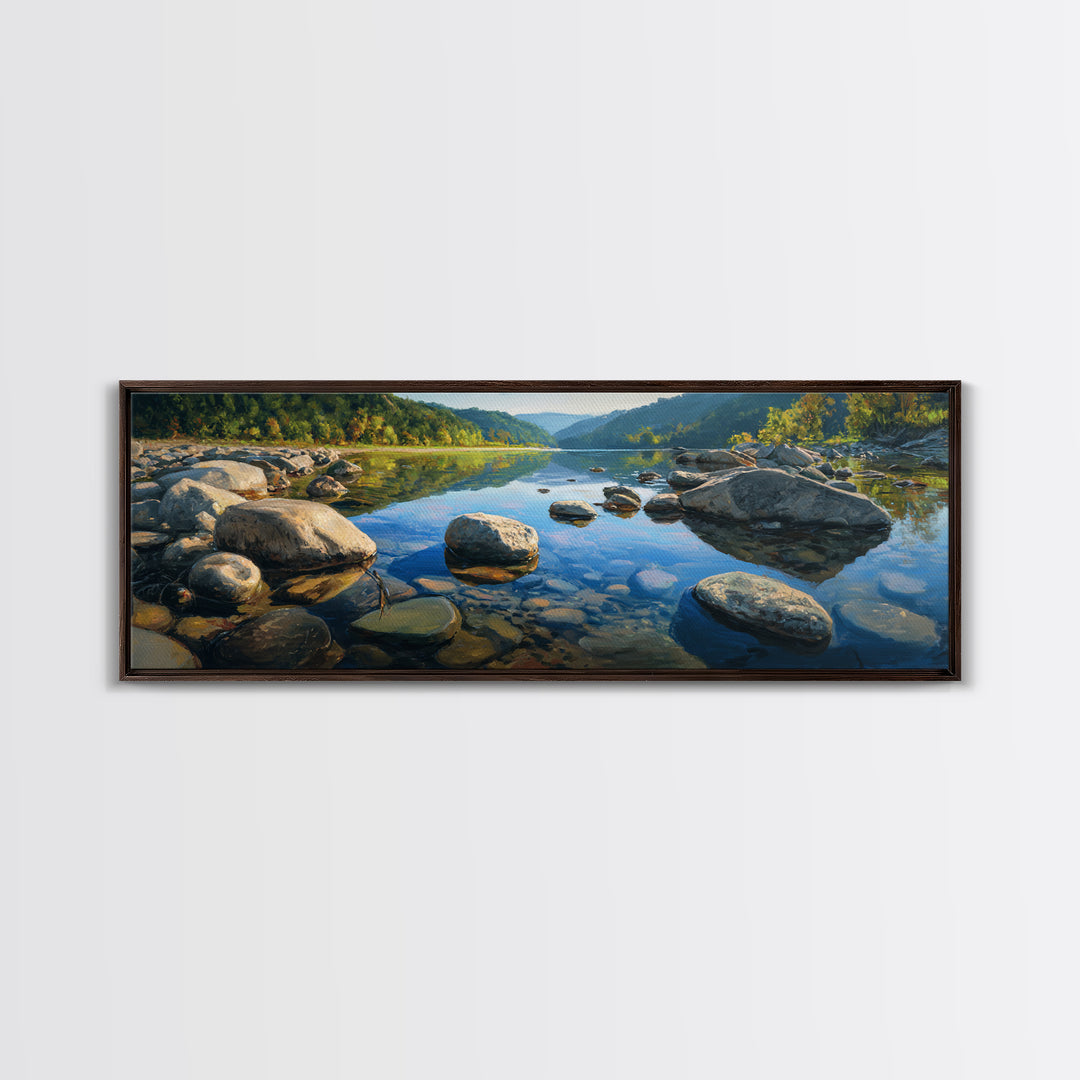 River Stones under Clear Shallow Water Framed Canvas Print, Nature Art, Stained Glass Art, Living Room Decor, Fine Art, Nature, NAT-3x1-77