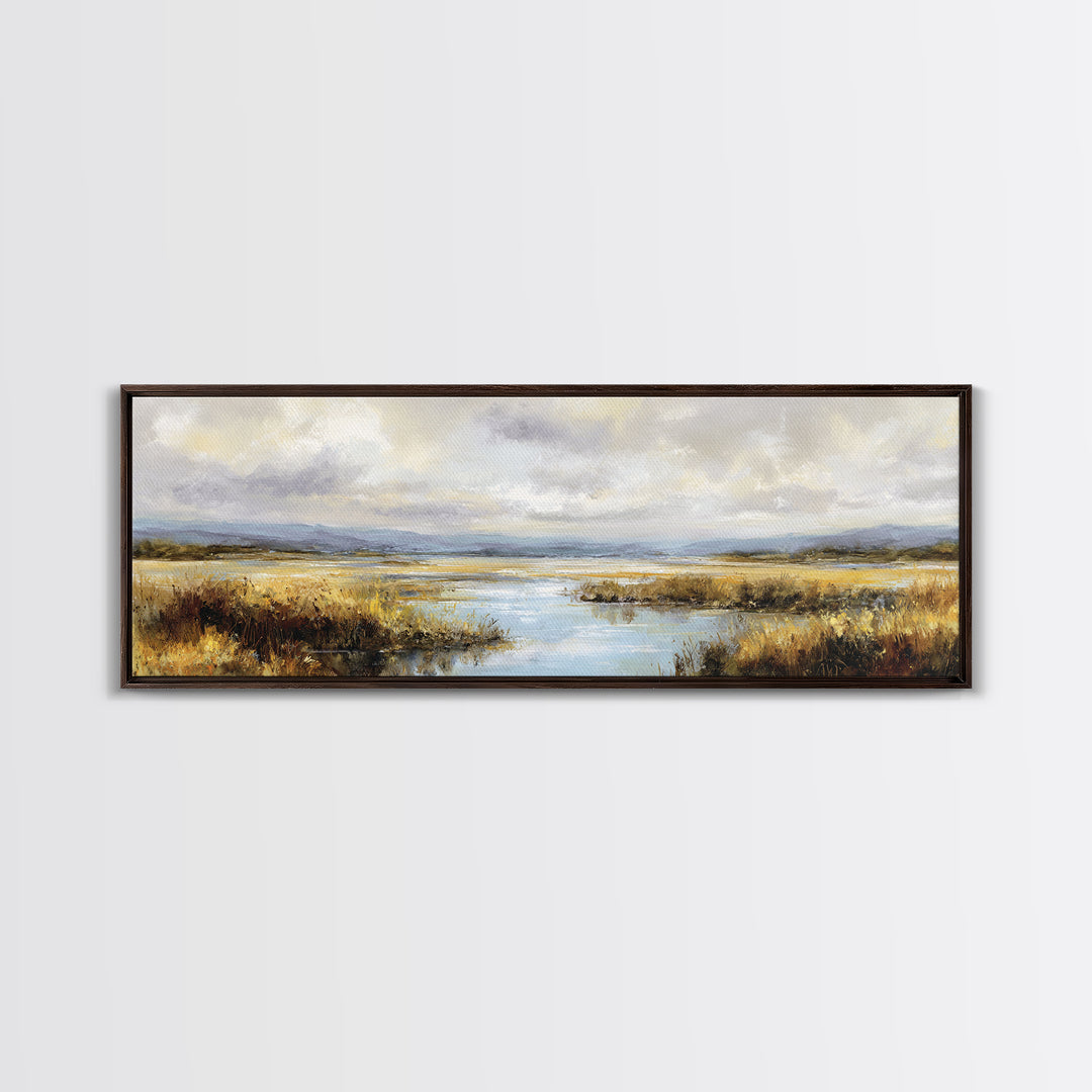 Dragonfly over a Pond with Reeds Framed Canvas Print, Nature Art, Wood Wall Art, Living Room Decor, Fine Art, Nature, NAT-3x1-82