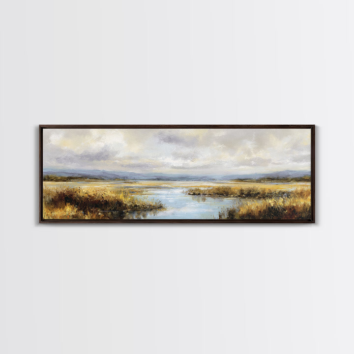 Dragonfly over a Pond with Reeds Framed Canvas Print, Nature Art, Wood Wall Art, Living Room Decor, Fine Art, Nature, NAT-3x1-82