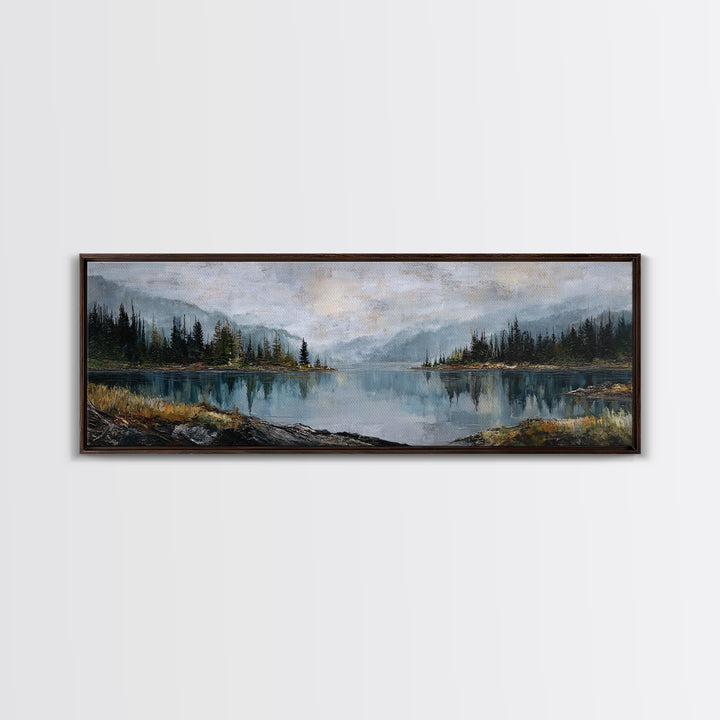 Misty Mountain Lake Canvas Print, Nature Art, Mountain Art, Living Room Decor, Oil Painting, Nature, Minimalist Decor, NAT-3x1-93