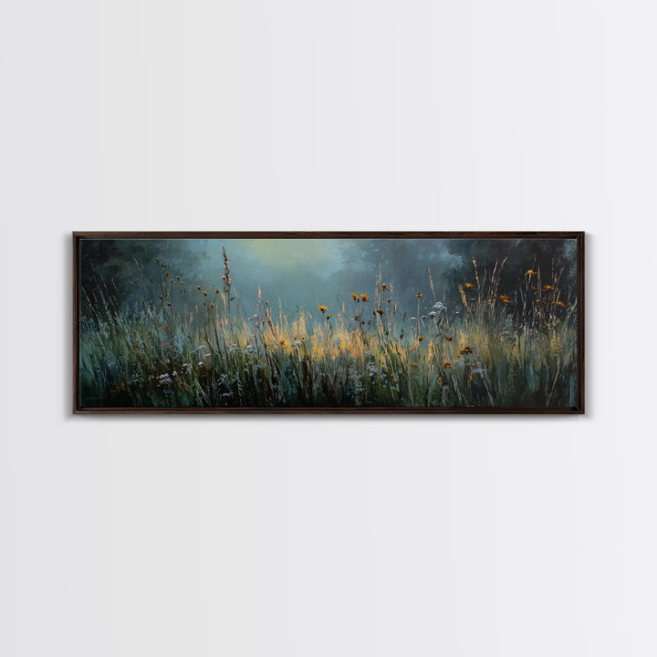 Sunrise Through Tall Grass and Wildflowers Framed Canvas Print, Nature Art, Living Room Decor, Oil Painting, Nature, NAT-3x1-99