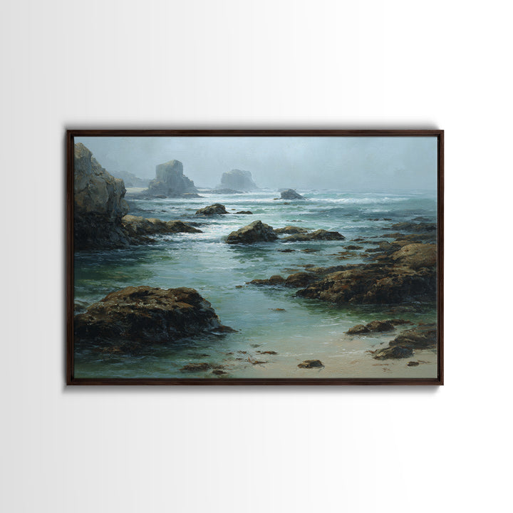 Calm Beach Tide Pooling Around Rocks Framed Canvas Print, Nature Art, Fine Art Print, Living Room Decor, Oil Painting, Nature, NAT-3x2-100