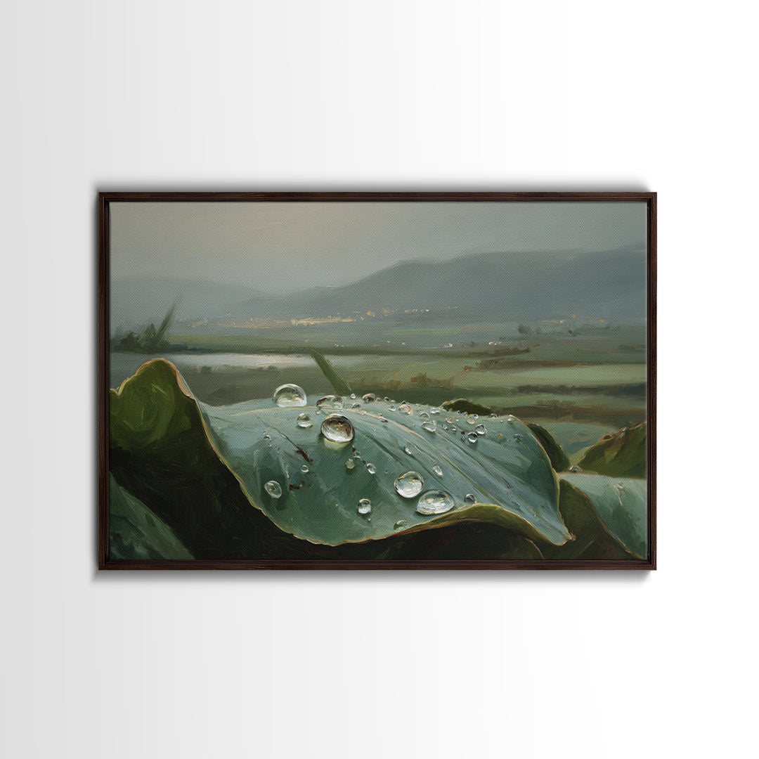 Rain Drops on a Large Green Leaf Framed Canvas Print, Nature Art, 3d Wall Art, Living Room Decor, Watercolor Art, Nature, NAT-3x2-13