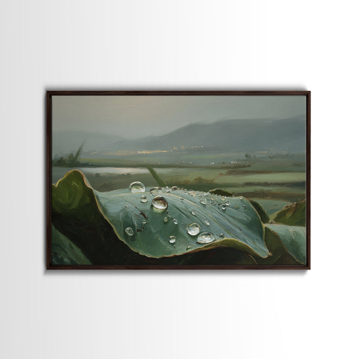 Rain Drops on a Large Green Leaf Framed Canvas Print, Nature Art, 3d Wall Art, Living Room Decor, Watercolor Art, Nature, NAT-3x2-13