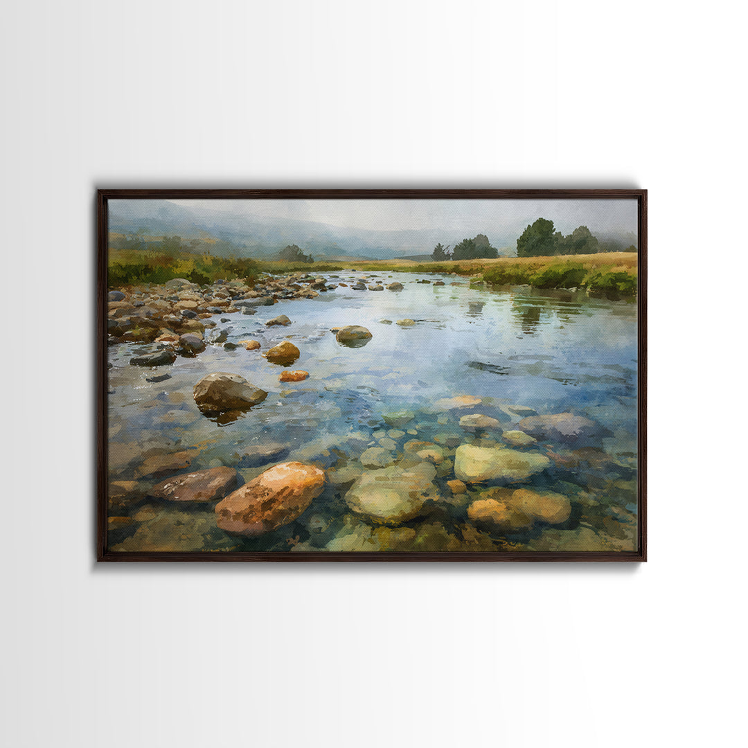 River Stones under Clear Shallow Water Canvas Print, Nature Art, Watercolor Painting, Living Room Decor, Fine Art, Nature, NAT-3x2-17