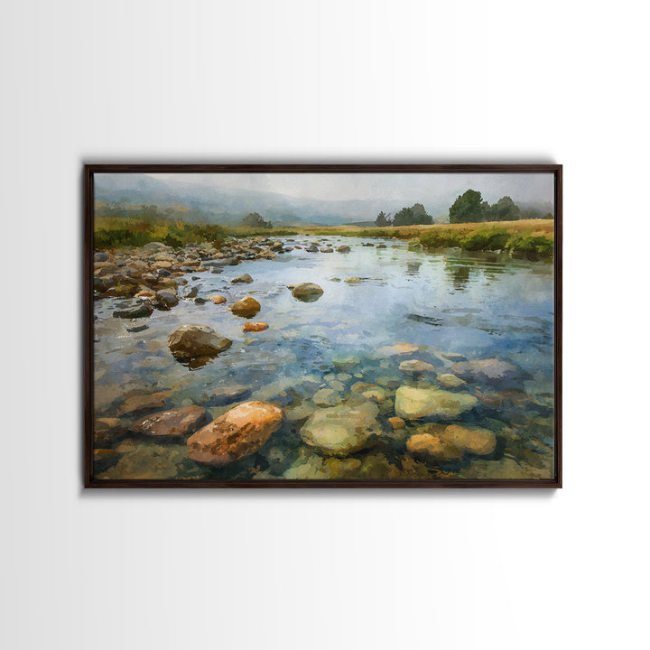 River Stones under Clear Shallow Water Canvas Print, Nature Art, Watercolor Painting, Living Room Decor, Fine Art, Nature, NAT-3x2-17