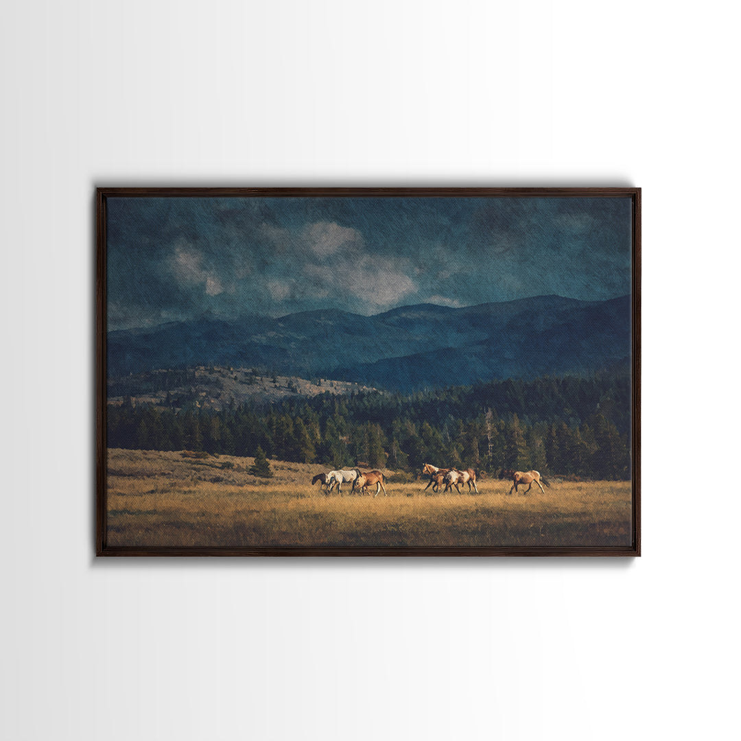 Wild Horses Running Near Mountain Ridge Framed Canvas Print, Nature Art, Wall Decor, Living Room Decor, Fine Art, Nature, NAT-3x2-2