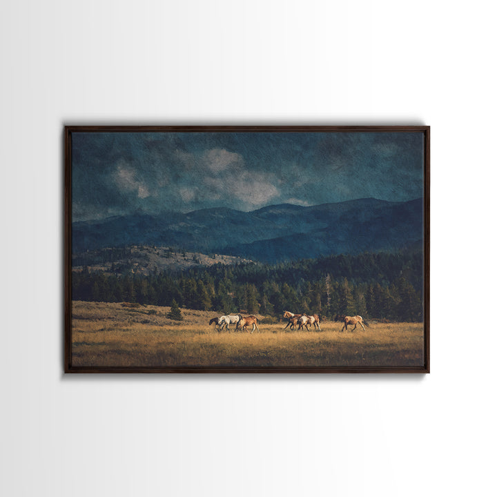 Wild Horses Running Near Mountain Ridge Framed Canvas Print, Nature Art, Wall Decor, Living Room Decor, Fine Art, Nature, NAT-3x2-2