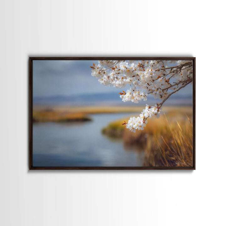Spring Cherry Blossoms Framed Canvas Print, Nature Art, Abstract Wall Art, Living Room Decor, Fine Art, Nature, Bird Wall Art, NAT-3x2-20