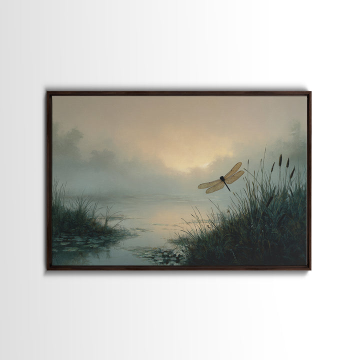 Dragonfly over a Pond with Reeds Canvas Print, Nature Art, Original Painting, Living Room Decor, Oil Painting, Nature, NAT-3x2-22