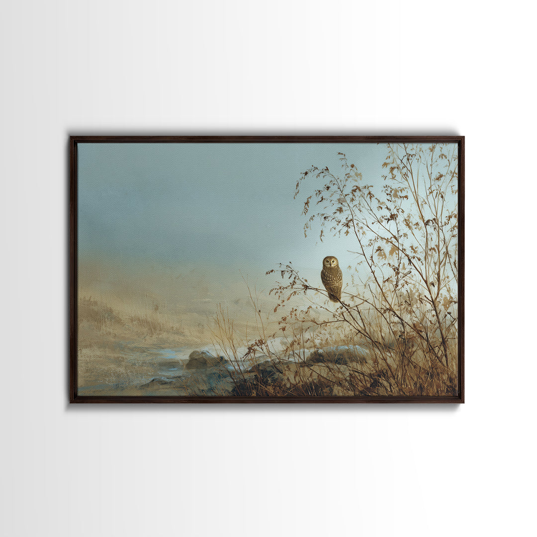 Owl in Moonlit Branches Framed Canvas Print, Nature Art, Watercolor Painting, Living Room Decor, Oil Painting, Nature, NAT-3x2-23