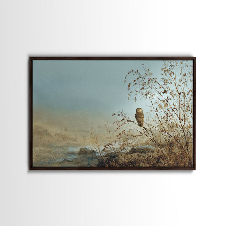 Owl in Moonlit Branches Framed Canvas Print, Nature Art, Watercolor Painting, Living Room Decor, Oil Painting, Nature, NAT-3x2-23