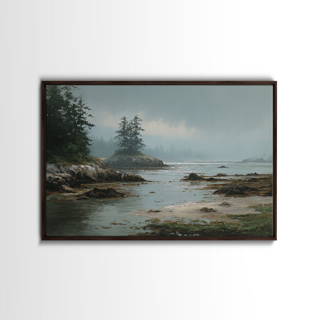 Calm Beach Tide Pooling Around Rocks Framed Canvas Print, Nature Art, Artwork, Living Room Decor, Nature, Landscape Art, NAT-3x2-28