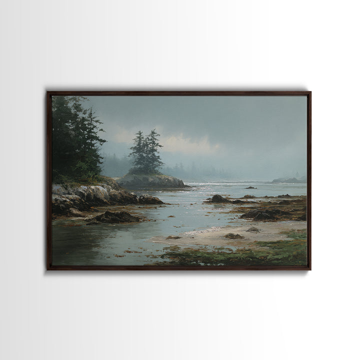 Calm Beach Tide Pooling Around Rocks Framed Canvas Print, Nature Art, Artwork, Living Room Decor, Nature, Landscape Art, NAT-3x2-28