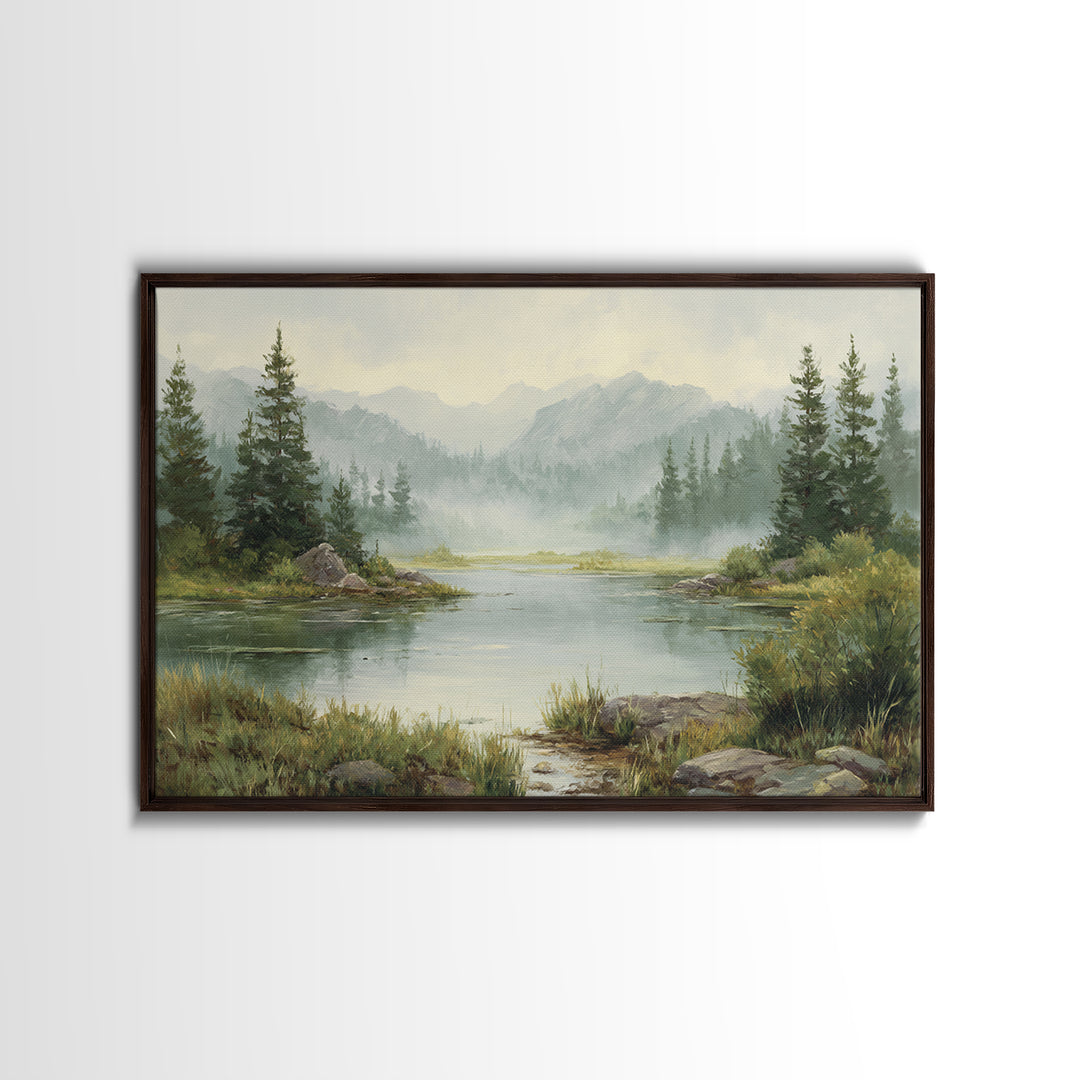 Misty Mountain Lake Canvas Print, Nature Art, Stained Glass Art, Living Room Decor, Nature, Modern Decor, Fine Art Print, NAT-3x2-33