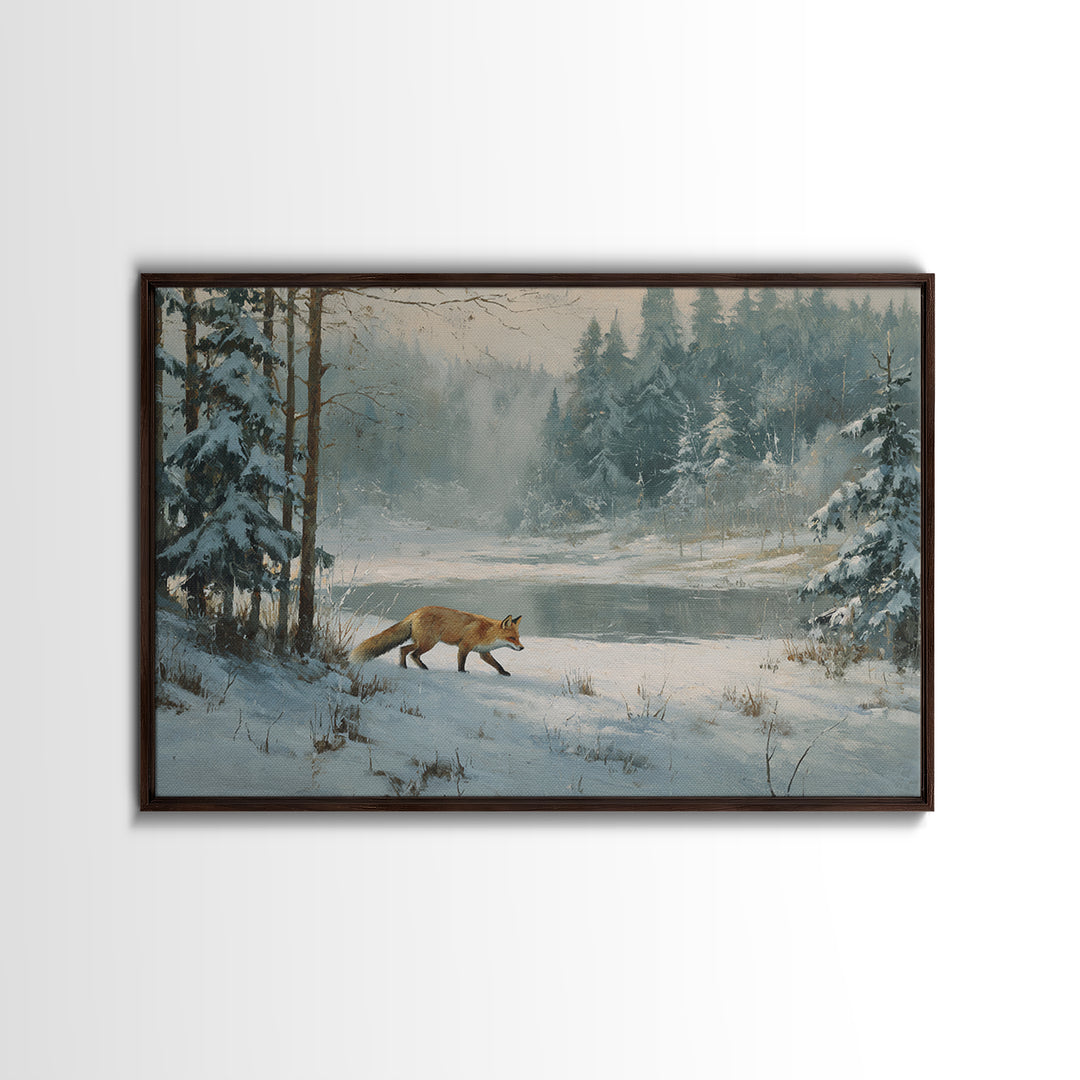 Fox Crossing a Snowy Forest Clearing Canvas Print, Nature Art, Wood Wall Art, Living Room Decor, Nature, Digital Download Art, NAT-3x2-38
