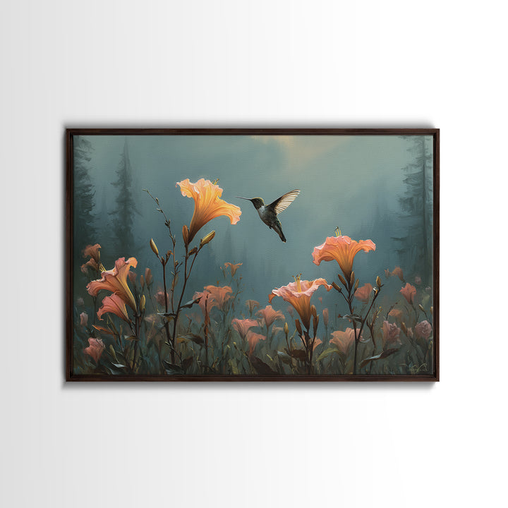 Hummingbird Beside Bright Trumpet Flowers Canvas Print, Nature Art, Living Room Wall Art, Living Room Decor, Nature, NAT-3x2-40