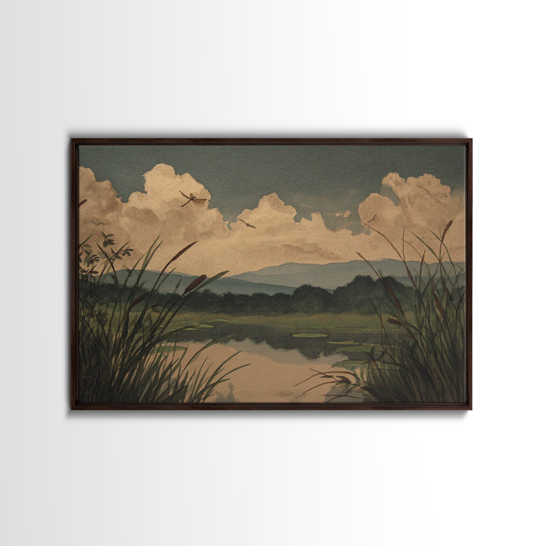 Dragonfly over a Pond with Reeds Framed Canvas Print, Nature Art, Abstract Wall Art, Living Room Decor, Fine Art, Nature, NAT-3x2-46
