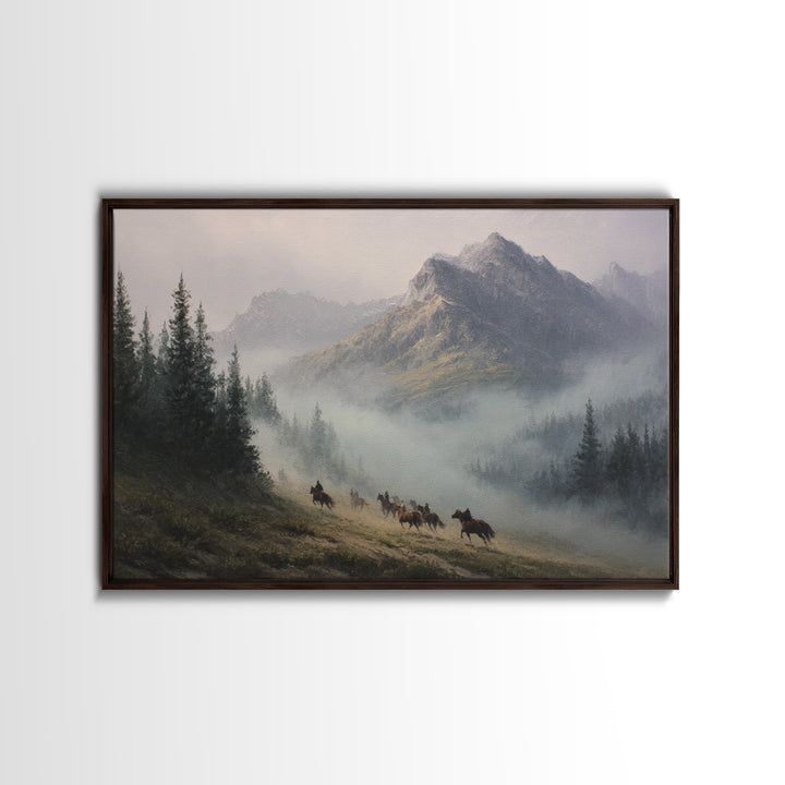 Wild Horses Running Near Mountain Ridge Framed Canvas Print, Nature Art, 3d Wall Art, Living Room Decor, Fine Art, Nature, NAT-3x2-50
