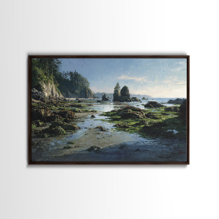 Calm Beach Tide Pooling Around Rocks Canvas Print, Nature Art, Watercolor Painting, Living Room Decor, Abstract Art, Nature, NAT-3x2-52