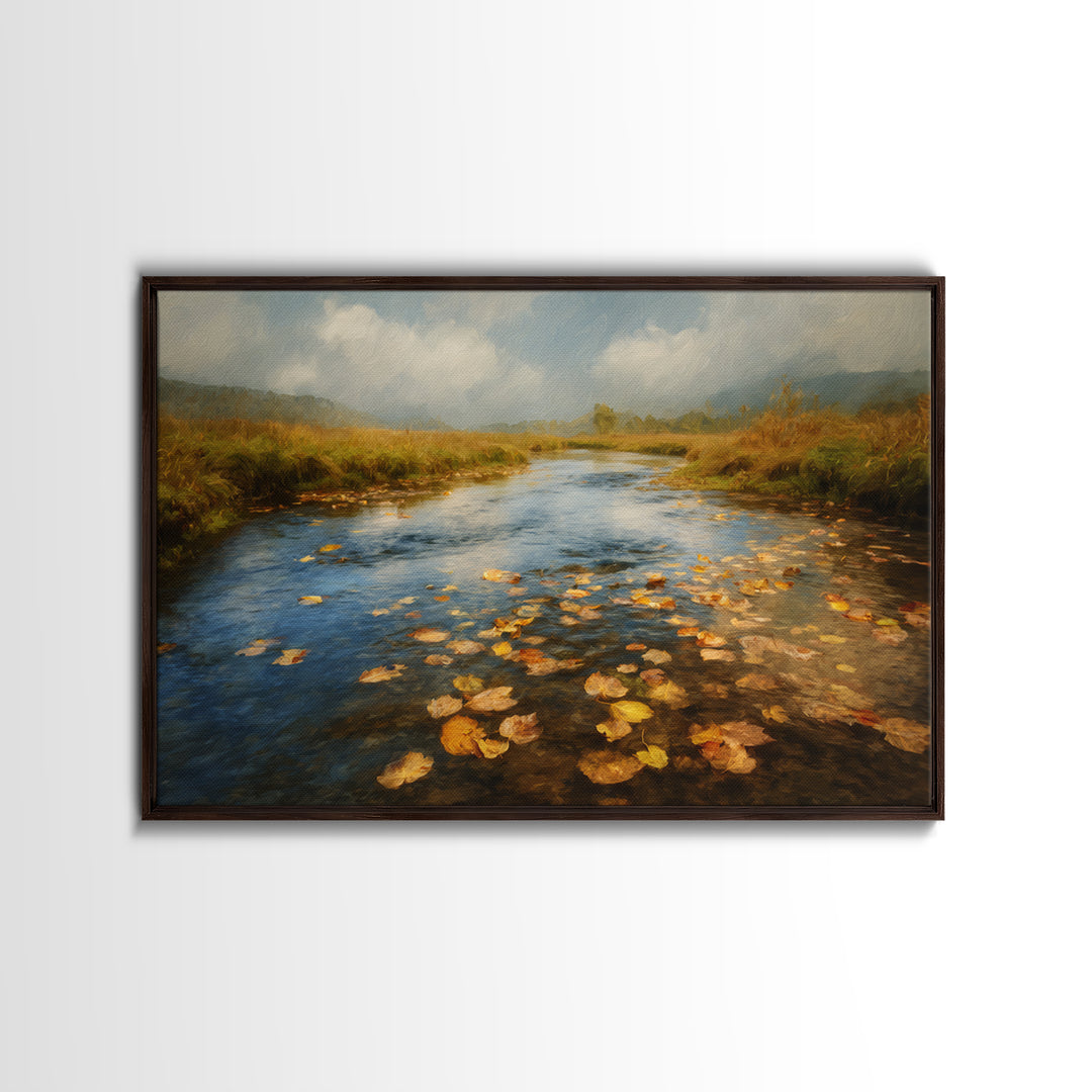 Autumn Leaves Floating on Quiet Stream Canvas Print, Nature Art, Modern Wall Art, Living Room Decor, Watercolor Art, Nature, NAT-3x2-58