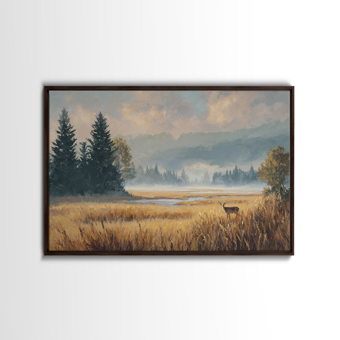 Deer Standing in a Golden Field Framed Canvas Print, Nature Art, Mountain Art, Living Room Decor, Nature, Minimalist Decor, NAT-3x2-60
