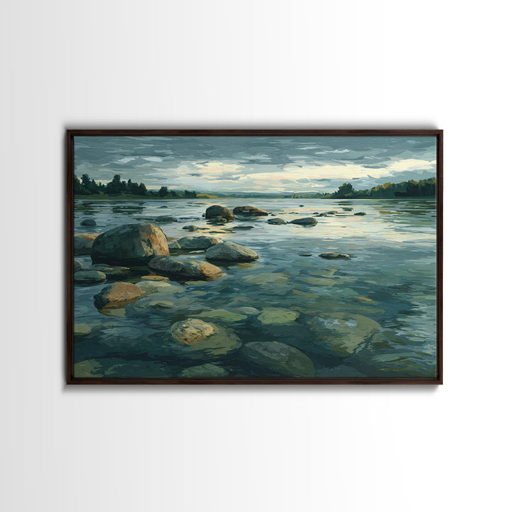 River Stones under Clear Shallow Water Framed Canvas Print, Nature Art, Moss Art, Living Room Decor, Watercolor Art, Nature, NAT-3x2-65