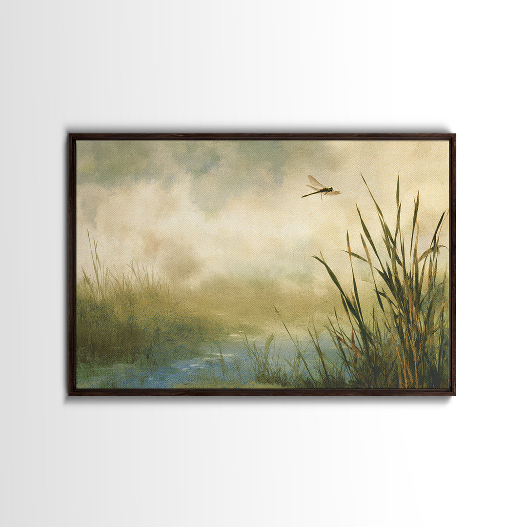 Dragonfly over a Pond with Reeds Framed Canvas Print, Nature Art, Abstract Wall Art, Living Room Decor, Fine Art, Nature, NAT-3x2-70