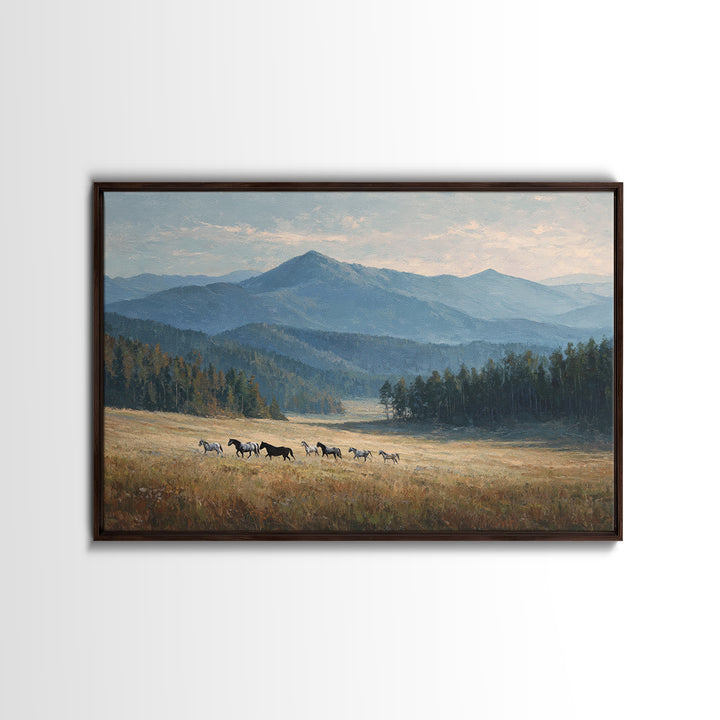 Wild Horses Running Near Mountain Ridge Framed Canvas Print, Nature Art, 3d Wall Art, Living Room Decor, Fine Art, Nature, NAT-3x2-74