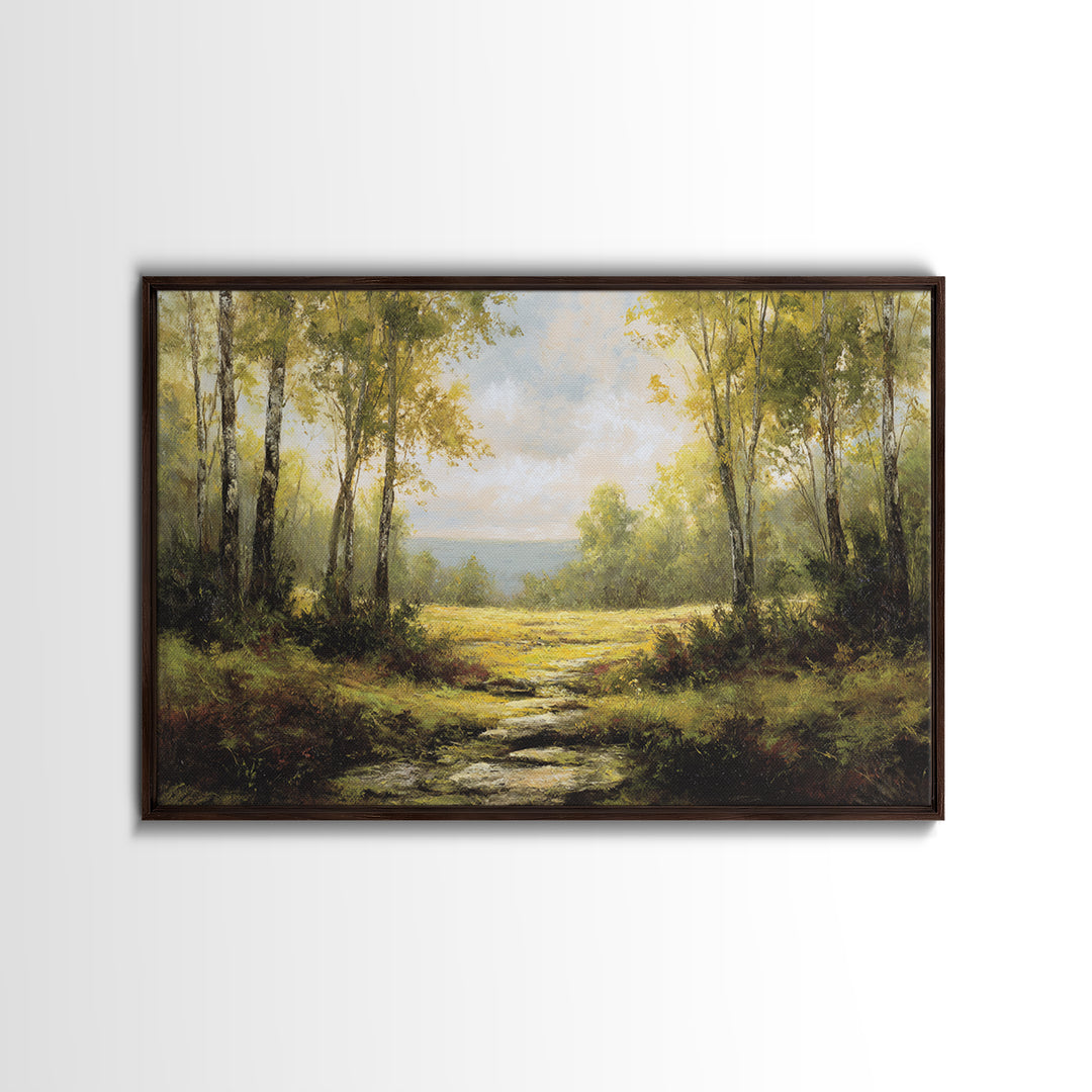 Sunlit Forest Path Framed Canvas Print, Nature Art, Gallery Decor, Living Room Decor, Fine Art, Nature, Contemporary Art, NAT-3x2-77