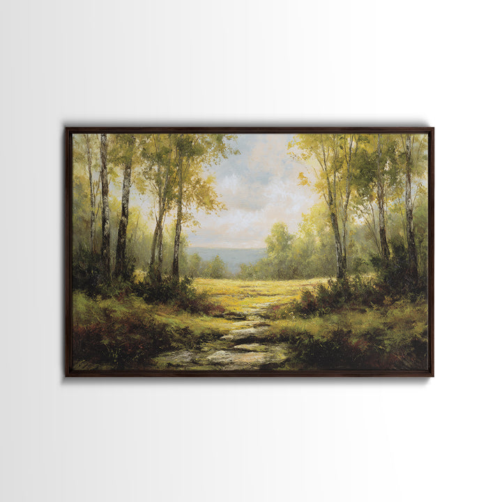 Sunlit Forest Path Framed Canvas Print, Nature Art, Gallery Decor, Living Room Decor, Fine Art, Nature, Contemporary Art, NAT-3x2-77