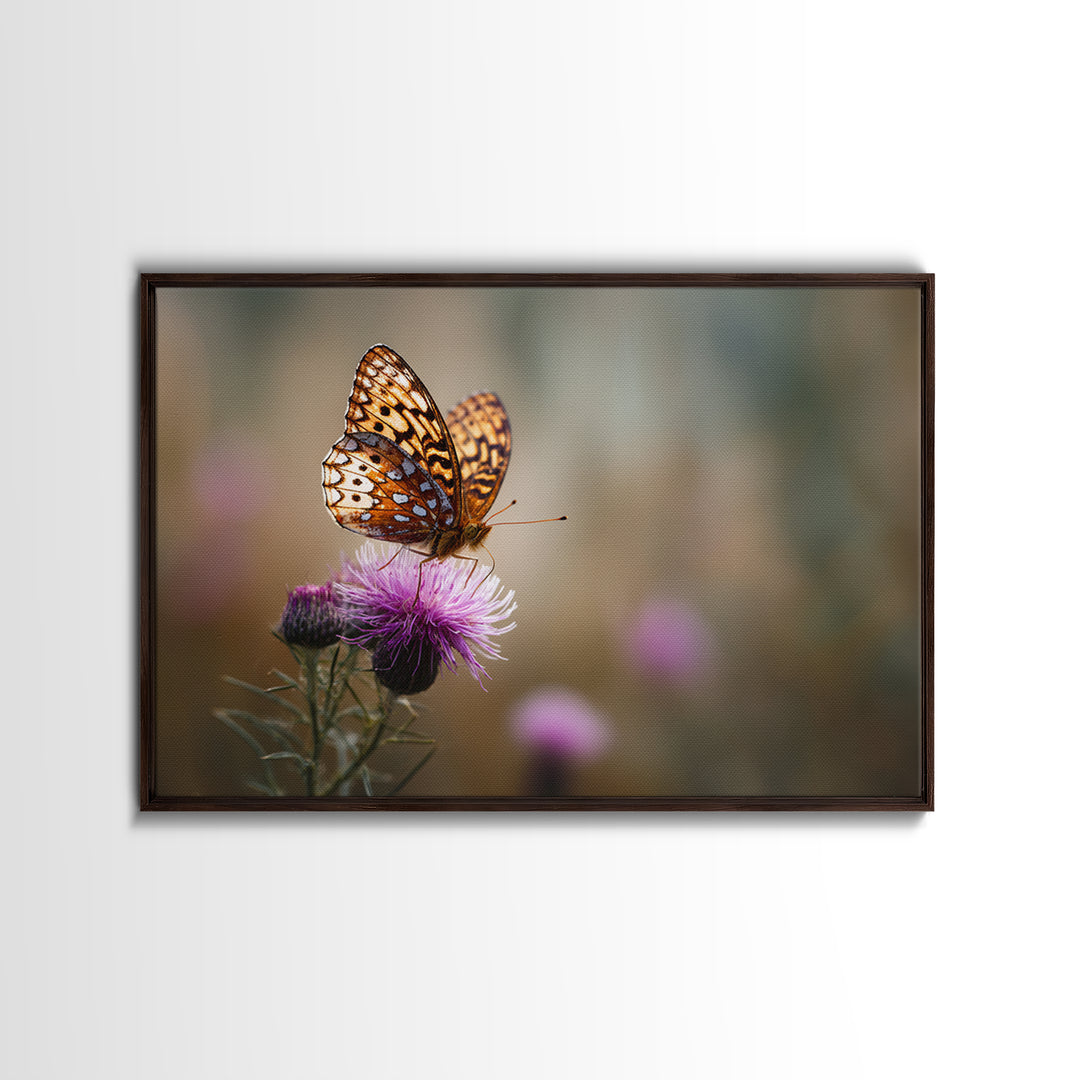 Butterfly Resting on a Blooming Thistle Framed Canvas Print, Nature Art, Framed Art, Living Room Decor, Oil Painting, Nature, NAT-3x2-8