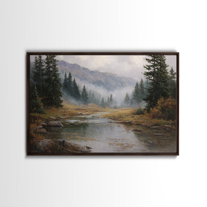 Autumn Leaves Floating on Quiet Stream Framed Canvas Print, Nature Art, Landscape Art, Living Room Decor, Oil Painting, Nature, NAT-3x2-82