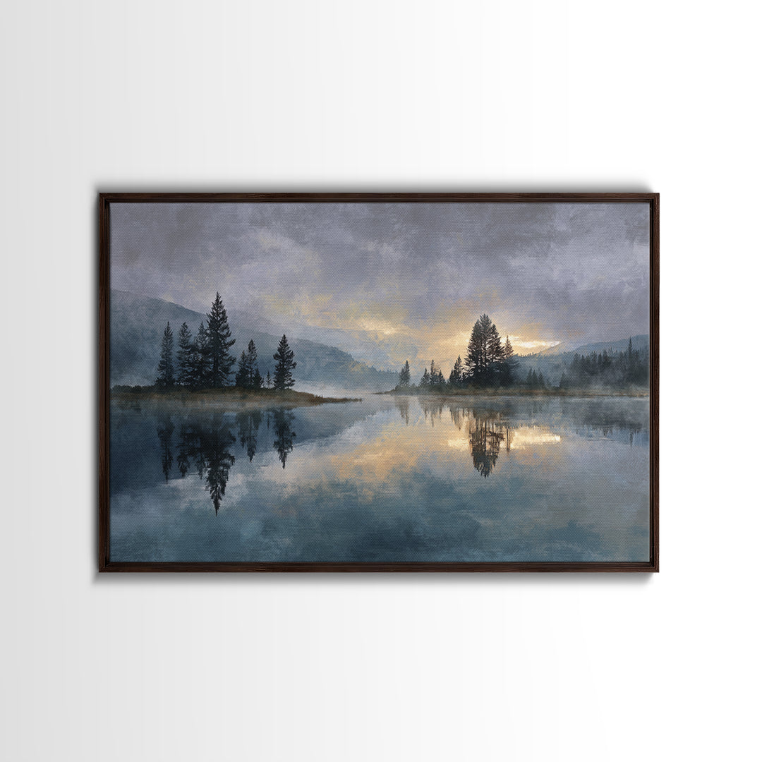 Misty Mountain Lake Framed Canvas Print, Nature Art, Abstract Wall Art, Living Room Decor, Oil Painting, Nature, Bird Wall Art, NAT-3x2-9