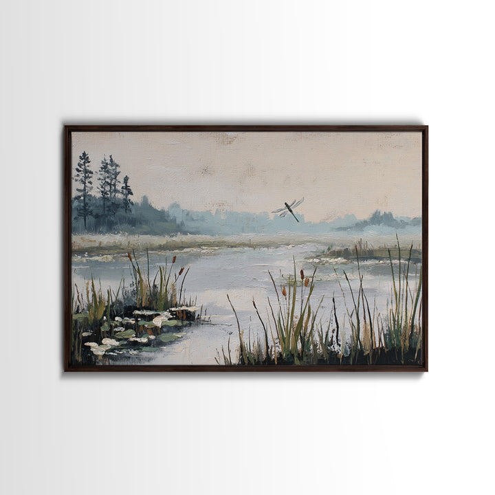 Dragonfly over a Pond with Reeds Canvas Print, Nature Art, Stained Glass Art, Living Room Decor, Abstract Art, Nature, NAT-3x2-94