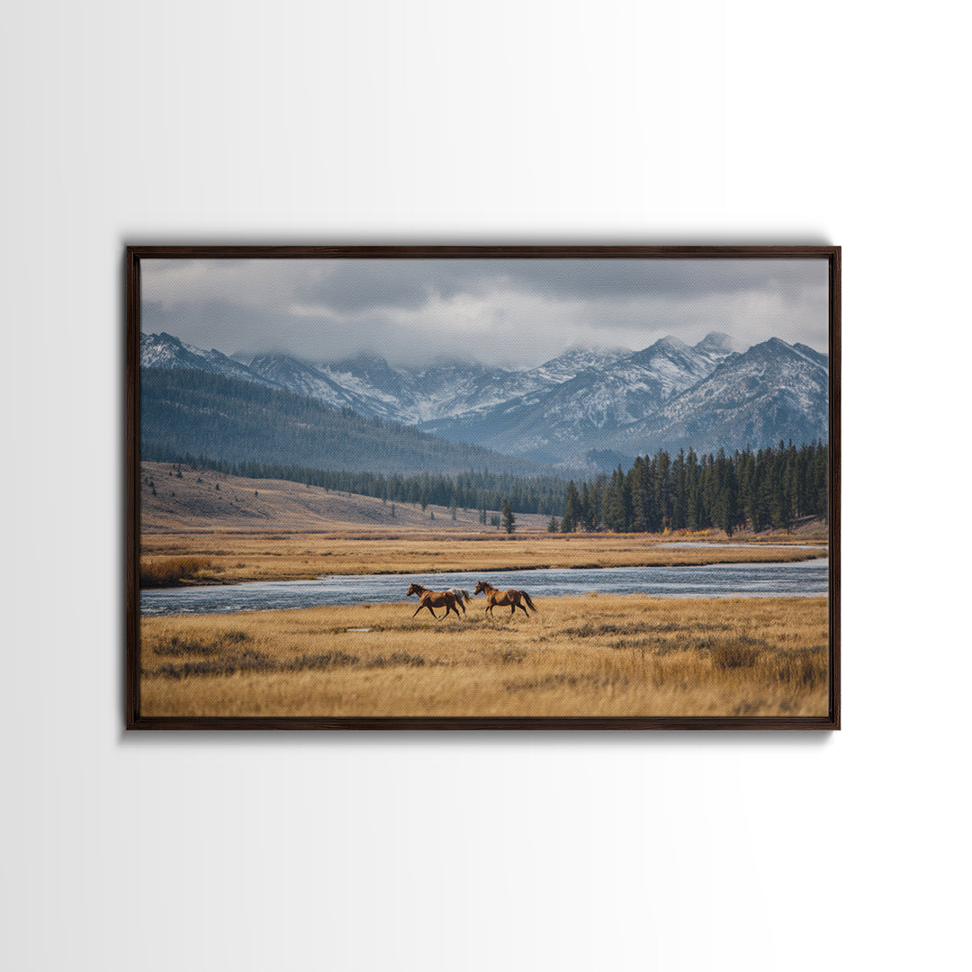 Wild Horses Running Near Mountain Ridge Canvas Print, Nature Art, Mountain Wall Art, Living Room Decor, Oil Painting, Nature, NAT-3x2-98