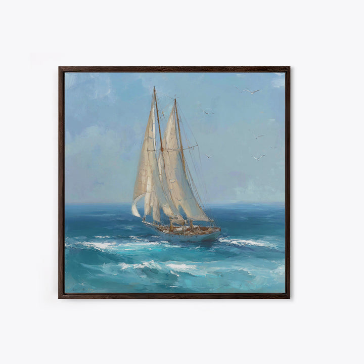 Sailboat Leaning into Wind on Blue Water Framed Canvas Print, Nautical Art, Modern Decor, Coastal Decor, Fine Art, Harbor, NAU-1x1-1