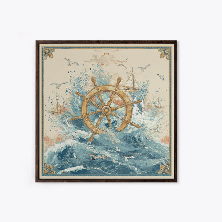 Ship Wheel with Sea Spray Background Framed Canvas Print, Nautical Art, Nautical, Coastal Decor, Fine Art, Harbor, Modern Decor, NAU-1x1-39