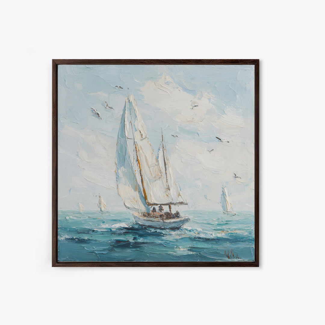 Classic Yacht Racing Through Whitecaps Framed Canvas Print, Nautical Art, Coastal Decor, Oil Painting, Harbor, Fine Art Print, NAU-1x1-43