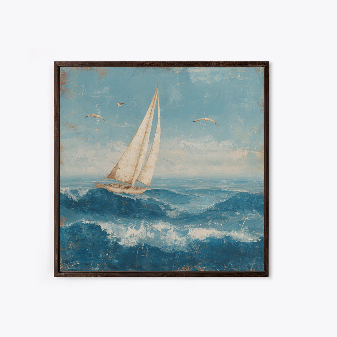 Sailboat Leaning into Wind on Blue Water Canvas Print, Nautical Art, Room Decor, Coastal Decor, Fine Art, Harbor, Printable, NAU-1x1-49