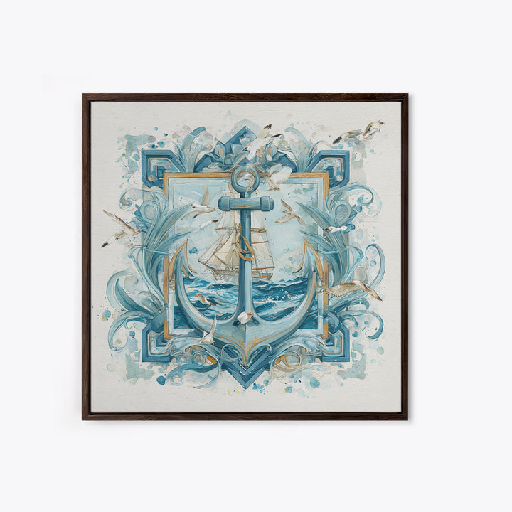 Anchor and Laurel Nautical Crest Without Text Framed Canvas Print, Nautical Art, Textured Painting, Coastal Decor, Harbor, NAU-1x1-53
