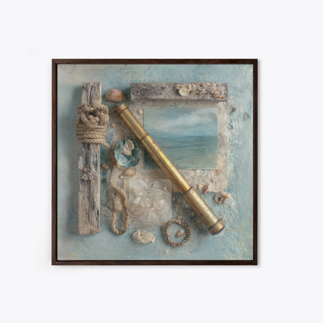 Brass Telescope and Old Map Still Life Framed Canvas Print, Nautical Art, Statement Artwork, Coastal Decor, Fine Art, Harbor, NAU-1x1-78