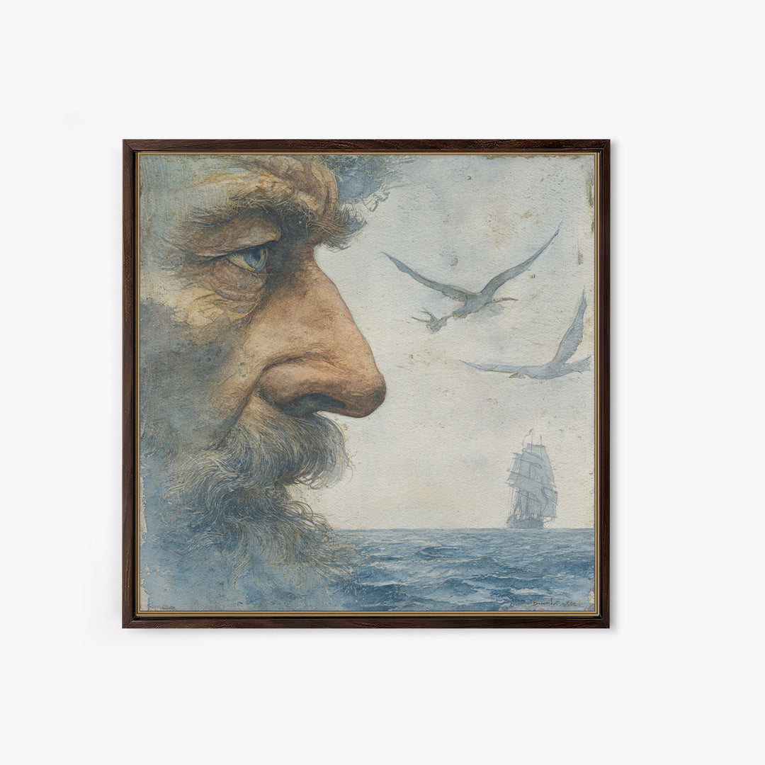 Sea Captain Portrait Framed Canvas Print, Nautical Art, Boho Decor, Coastal Decor, Fine Art, Harbor, Painting, Art Print, NAU-1x1-79