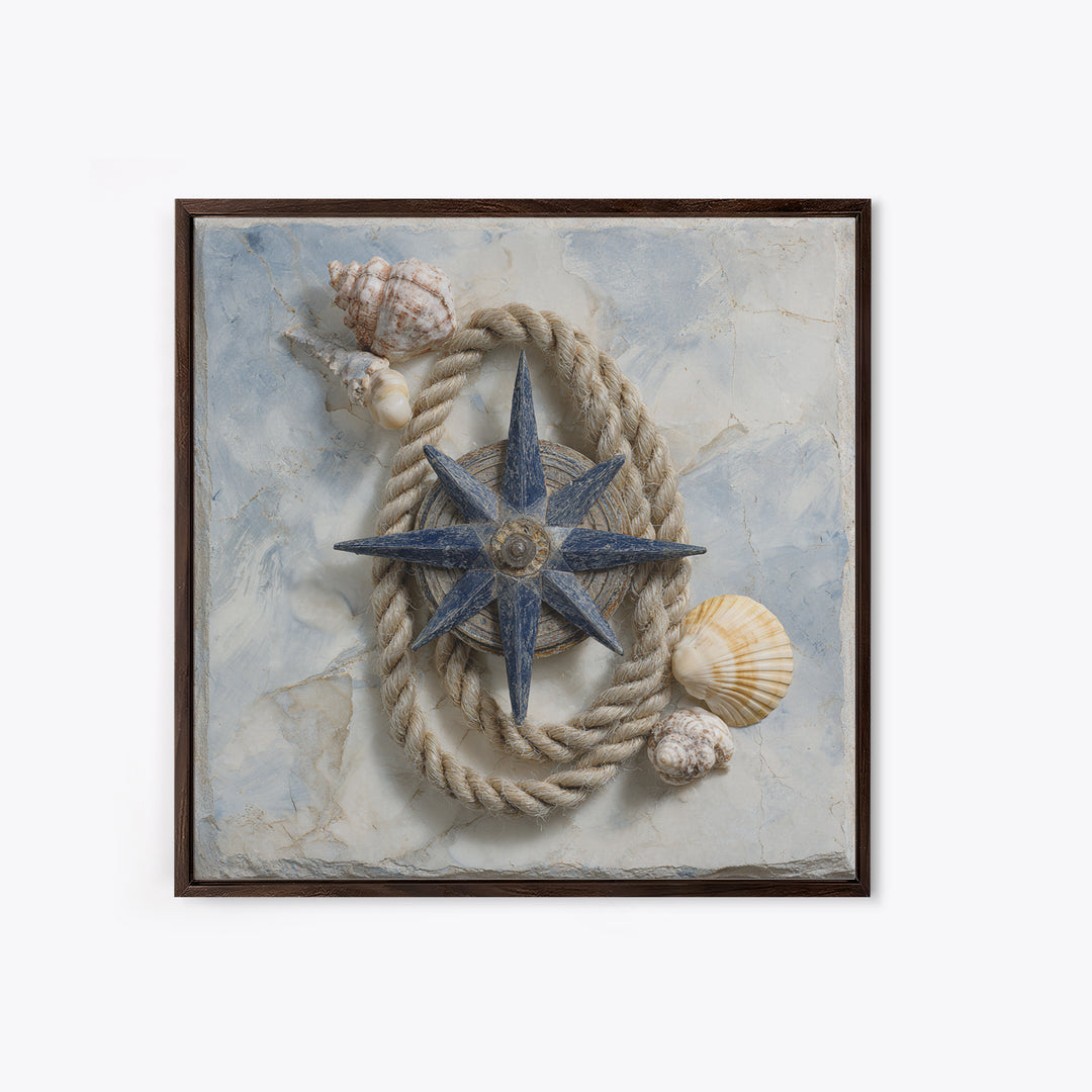 Antique Compass with Rope and Shells Canvas Print, Nautical Art, Textured Painting, Coastal Decor, Fine Art, Harbor, NAU-1x1-98