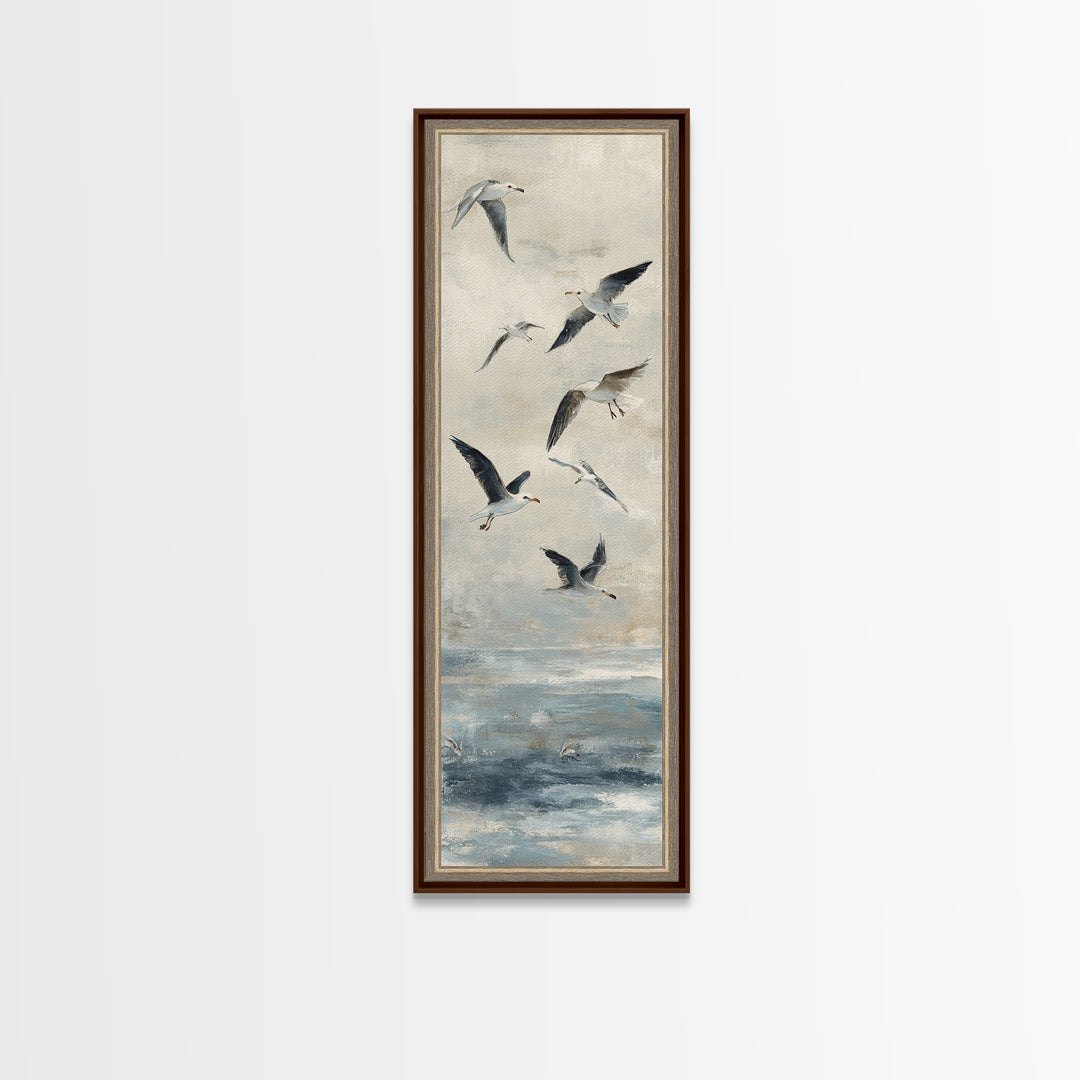 Coastal Gulls Flying Framed Canvas Print, Nautical Art, Textured Painting, Coastal Decor, Fine Art, Harbor, Printable Wall Art, NAU-1x3-29