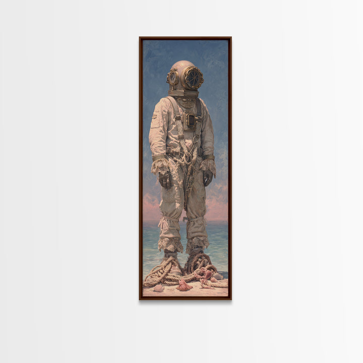 Deep Sea Diver Helmet Still Life Framed Canvas Print, Nautical Art, Ocean Art, Coastal Decor, Oil Painting, Harbor, NAU-1x3-30
